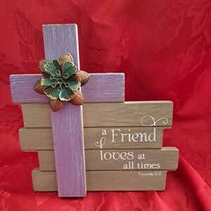 Rustic Wooden Plaque with Lavender Cross and Floral Accent